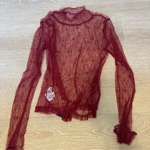 5 for $25 Aiirz SHEIN Sheer Lace Long Sleeve Top - Burgundy
